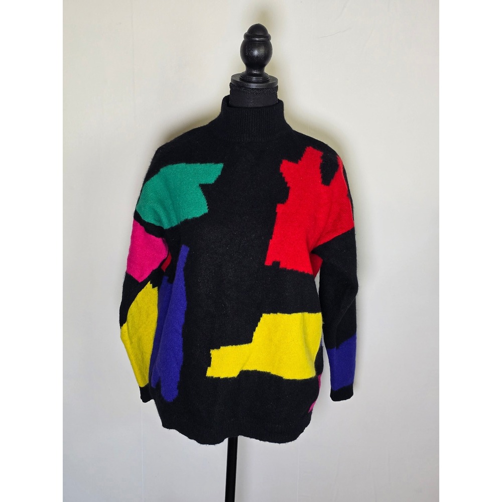 Vintage Colorblock Turtleneck Sweater Wool Angora Blend Large art to wear